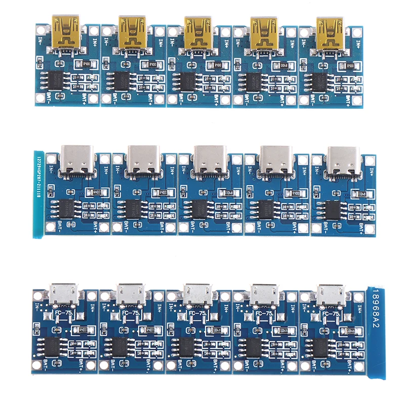 Placa de carga de batería de litio, 5 piezas, 5V, 1A, TYPE-C, Micro USB, módulo de carga con protección, funciones duales, 18650, TP4056