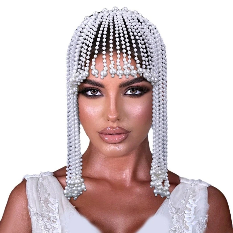 Feminino elegante pérolas borlas headpiece nupcial acessório cabelo imitação pérolas cabeça corrente bandana para