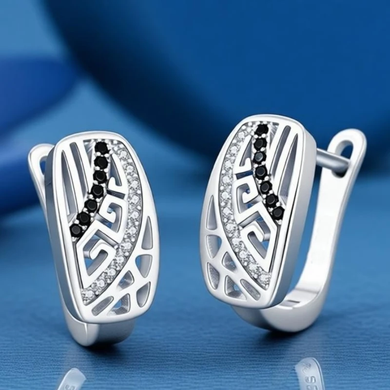 Black Awn Classic Silver Color Oval Black Trendy Spinel Engagement Hoop Earrings for Women Jewelry Bijoux I286