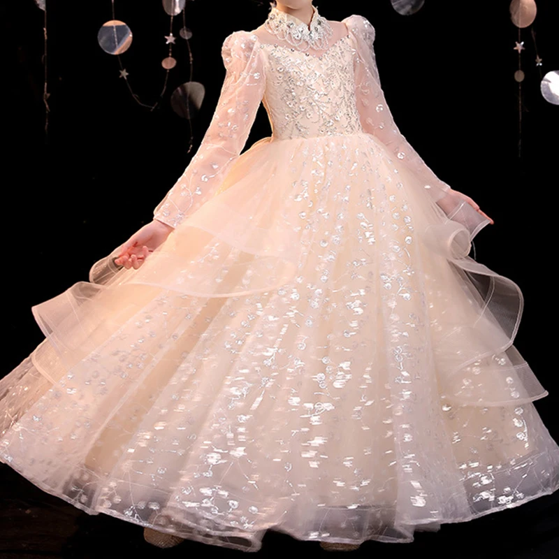 Girls Princess Bridesmaid Dress Kids Long Sleeves Wedding Birthday Party Host Evening Dresses for 4-14 Children Fashion Clothes