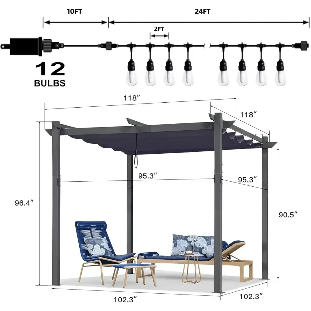 Pérgola retráctil con cadena de luces para exteriores, toldo doble para sombra, Patio, pérgola de aluminio para Patio trasero, cubierta de jardín, 10 'x 10'