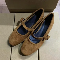 Walking Women's Mary Janes Shoes 2025 Spring Round Toe Soft Faux Suede Retro Brown Luxury Designer Girl Barefoot Ballet Flats