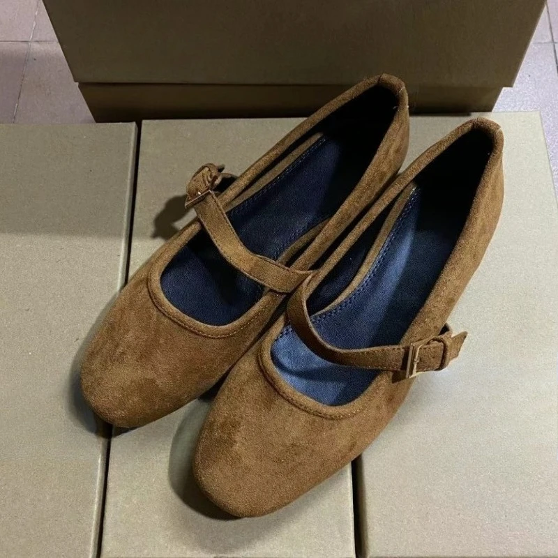 Walking Women's Mary Janes Shoes 2025 Spring Round Toe Soft Faux Suede Retro Brown Luxury Designer Girl Barefoot Ballet Flats