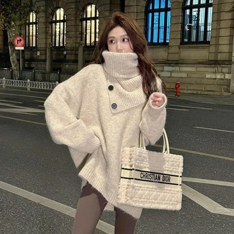 

Irregular Design Knitted Sweater High Collar Autumn Winter Scarf Sweater New Knitted Thick Top