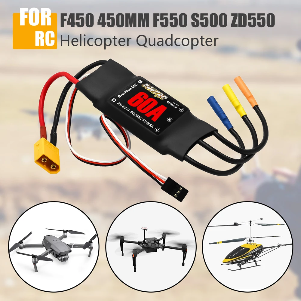 Contrôleur électronique sans balais 60A 2-6S RC ESC sans balais avec fiches 5V/7A BEC et XT60 pour Drone hélicoptère RC avion