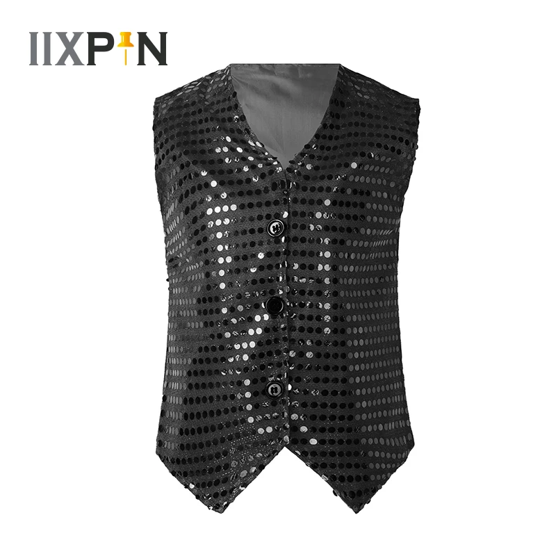 

Kids Boys Girls Shiny Sequins Jazz Dance Costumes Sleeveless V-neck Jacket Vest Top for Stage Performance Party Dance Clothing