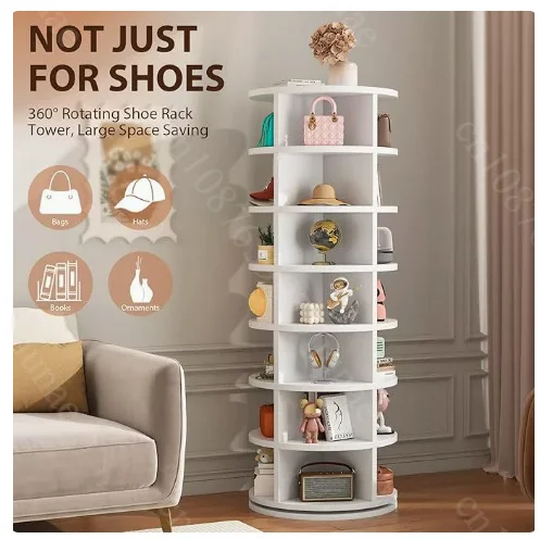 360 Degree Rotating Shoe Rack 7-Tier Storage Tower Round White Shoe & Handbag Organizer Cabinet for Bedroom Hallway Living Room