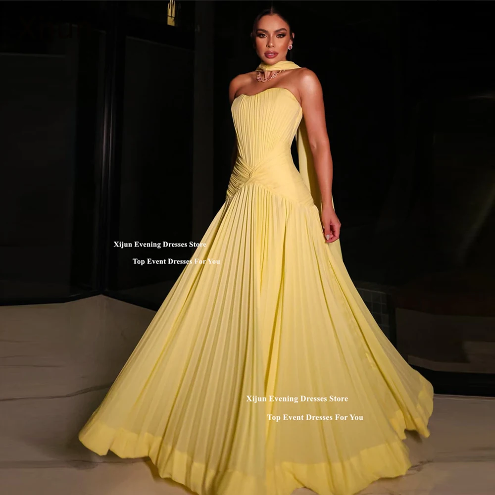 Xijun Желтые шифоновые вечерние платья трапециевидной формы Милая плиссированные платья макси для выпускного вечера Вечерний шарф без рукавов Пром платья по индивидуальному заказу