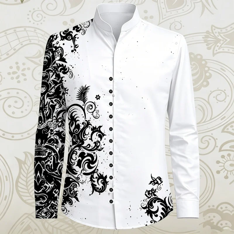 Men's Shirt  Retro Patterned Printed Stand Up Collar Shirt  Outdoor Casual Long Sleeved Shirt  Trendy And Personalized Shirt