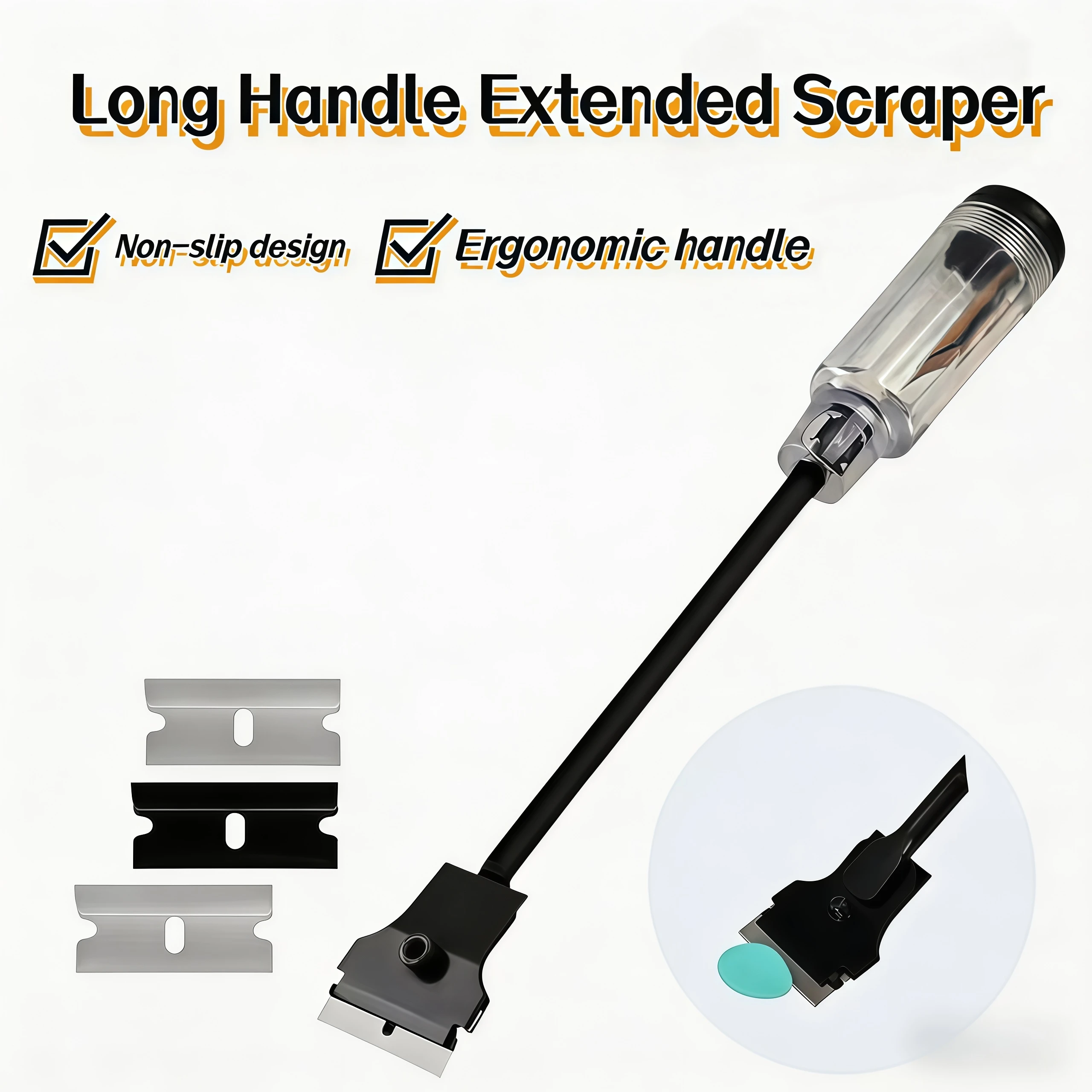 Long Handle Razor Blade Scraper 3 Pcs Replacement 1.5 Inch Blades Carbon Fiber Car Window Tint Glass Glue Sticker Paint Remover