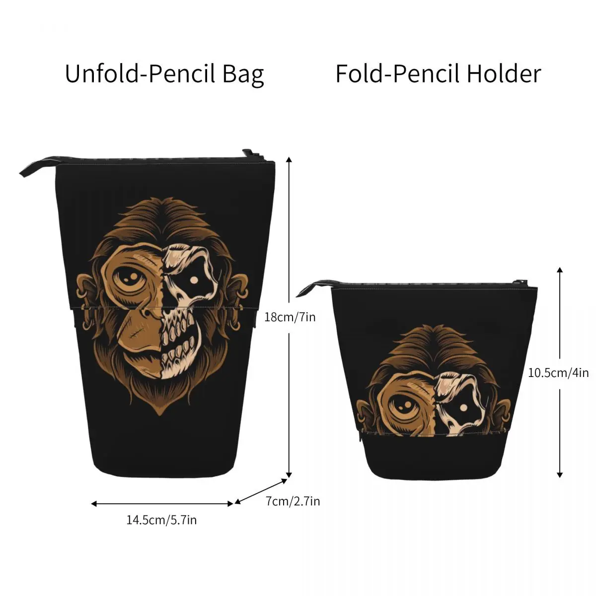 Cabeça De Crânio De Macaco Em Fundo Preto Pen Box Student School Zipper Pen Bag Estojo Lápis Retrátil Vertical