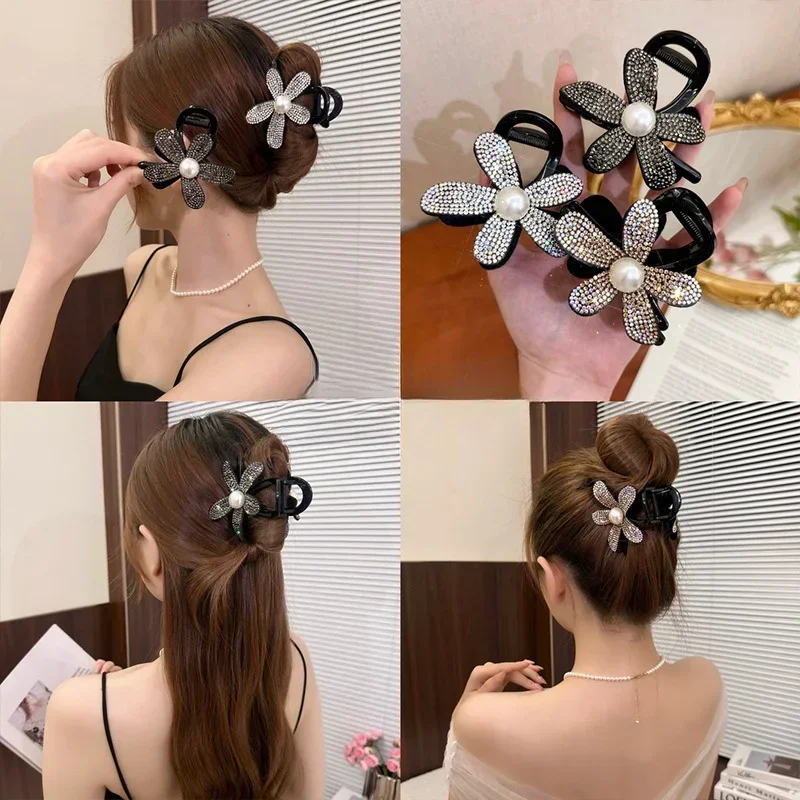 Korean Fashion Rhinestone Flower Hair Claw Clips for Women Retro Pearl Glitter Shiny Sunflower Temperament Hairpin Hair Styling