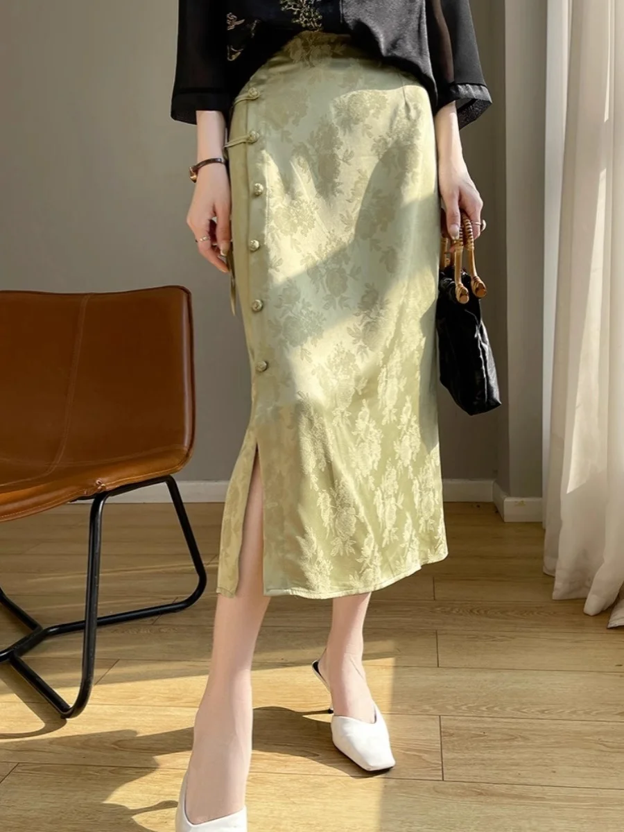 

New Chinese Sle High Waist Asymmetrical Hem Acetate Skirt Women's Spring 2025 Commute A-Line Midi Skirt Floral Embroidery