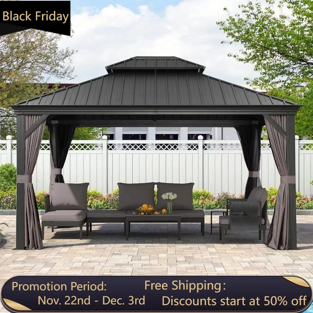 12' X 14' Hardtop Gazebo Aluminum Gazebo with Galvanized Steel Double Roof for Patio Backyard Curtains and Netting Included