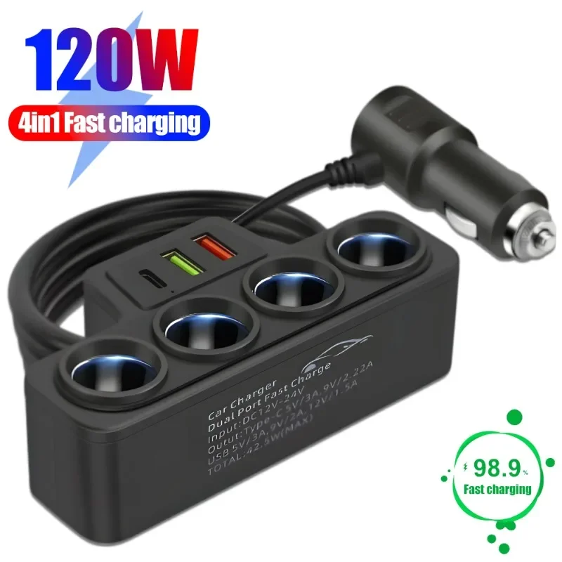 12V/24V Car Cigarette Lighter Adapter 4-Socket Cigarette Burners 3 USB Fast Charging 3.1A USB+QC3.0+PD3.1A Car Accessories 120W