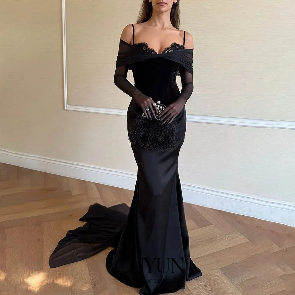 

CUYUN Elegant Black Mermaid Formal Evening Gown Appliques Spaghetti Straps Arabic Women Party Gowns No Gloves 2026 Customized