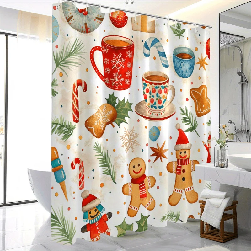 Christmas Cheer Shower Curtain - Waterproof Polyester with Holly, Coffee & Gingerbread Design, Includes 12 Hooks, Machine Washab