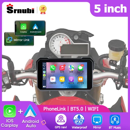 Srnubi 5-Zoll-Motorrad-CarPlay-Bildschirmnavigation GPS Wireless Android Auto Airplay Autoradio für Motorradhelm Bluetooth