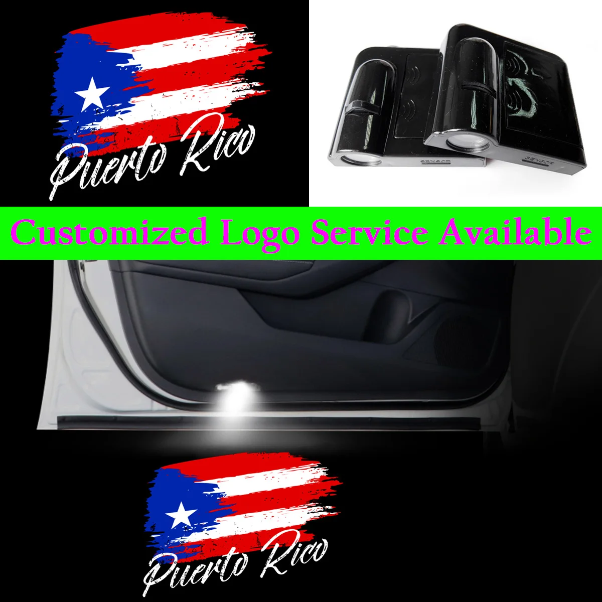 2x Puerto Rico Flag Car Door Logo Lights Puerto Rican Wireless Welcome Courtesy Door LED Light Ghost Shadow Projector Light