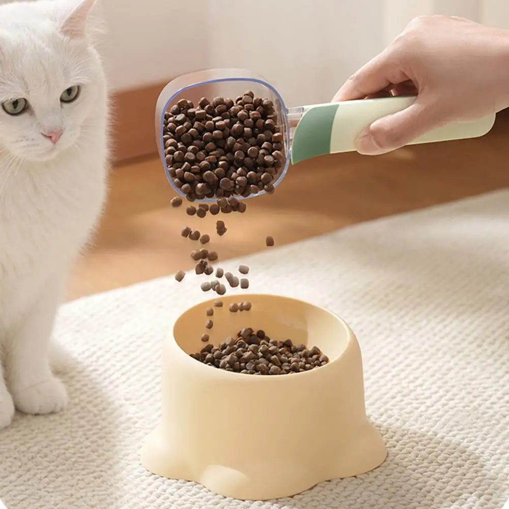Clear Pet Food Scoop with Scale Desiccant Slot Bag Sealing Clip Measuring Scoop for Dogs Cats Food Accurate Feeding