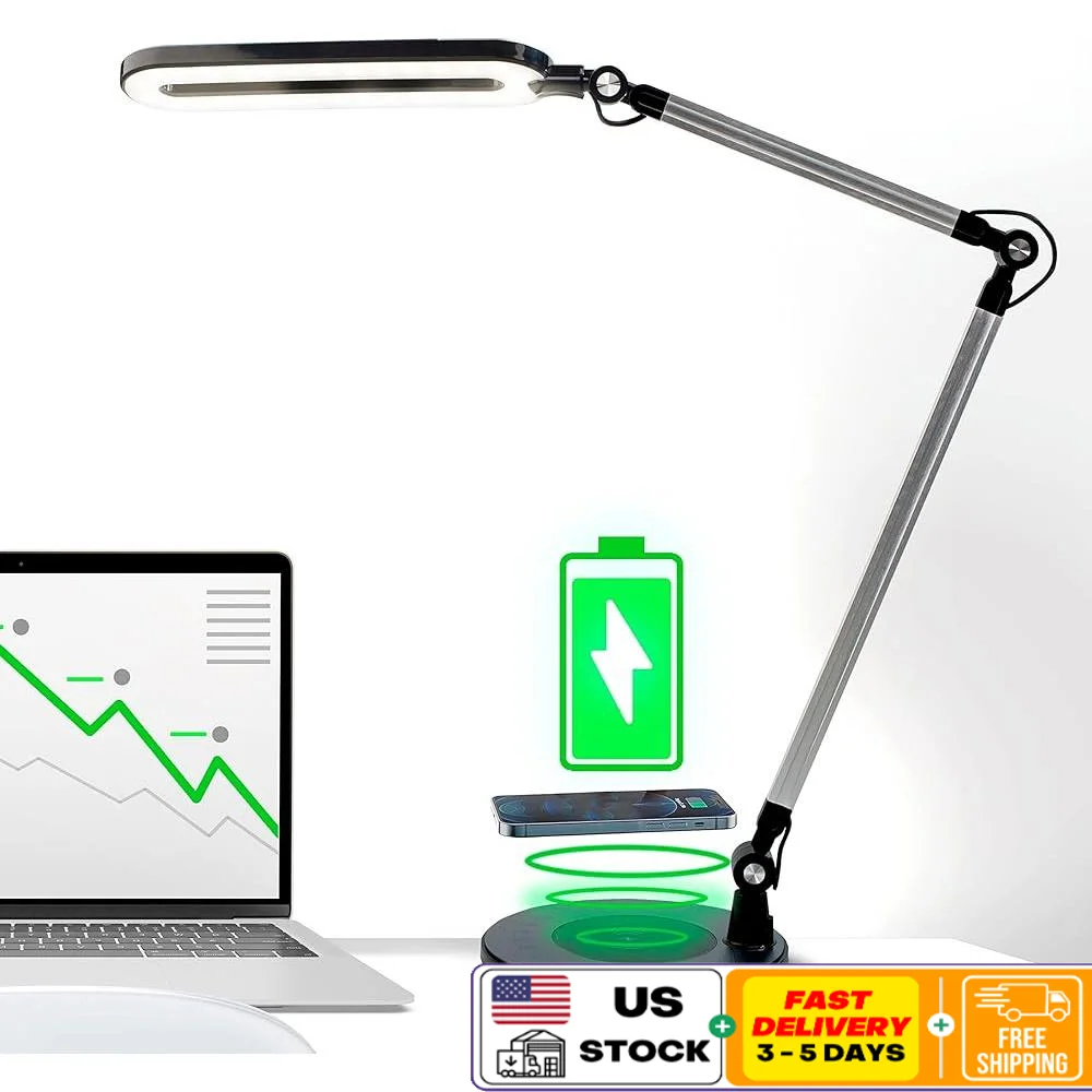 LED Desk Lamp with Wireless Charger Adjustable Brightness Color Temp Swing Arm Architect Lighting Home Office Study Craft