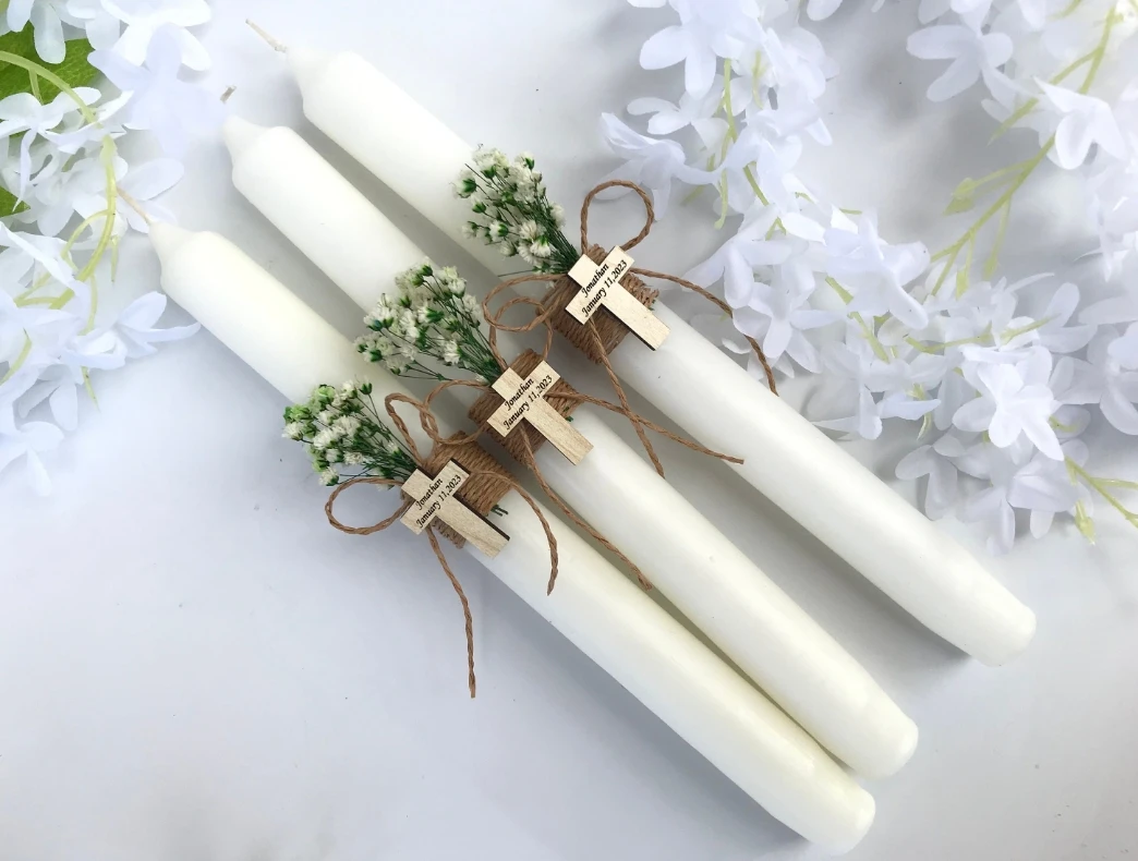 3pcs Personalised Christening Baptism Candle Naming Day Memory Keepsake Gift Unisex Boy Girl, Godparents, Custom Wood Cross