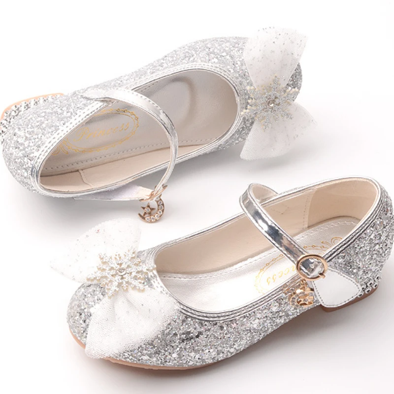 Children's High Heel Shoe Fashion Autumn Girls Princess Glitter Bowknot Leather Shoes Causal Wedding Kids Sequines Dancing Shoes