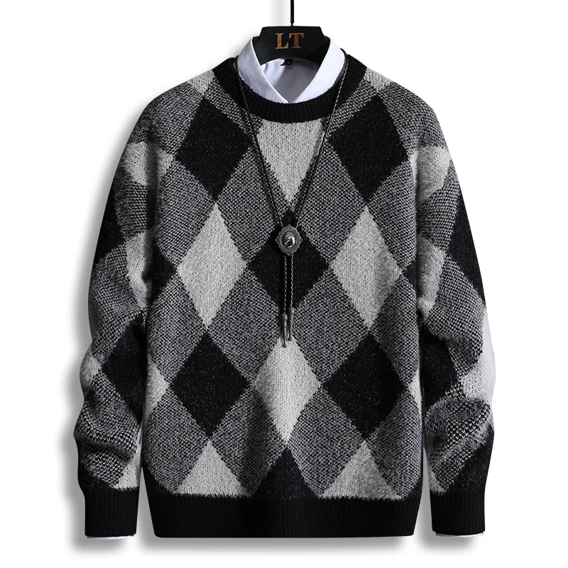 

Winter New Wool Sweater Men Loose Round Neck Long Sleeve Pullover Fashion Male Argyle Sweatshirts Bottoming Shirt Knit Jumper