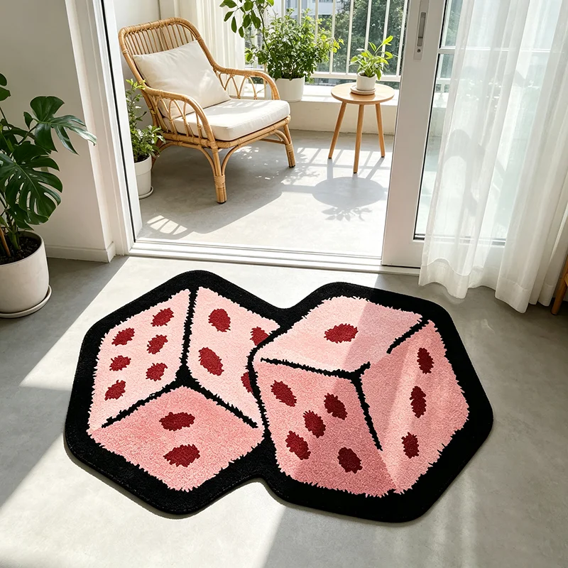 Pink Dice Irregular Shaped Rug Cool Trendy Creative Floor Mat Plush Decor Rug for Gaming Room Living Room Bedroom Bedside