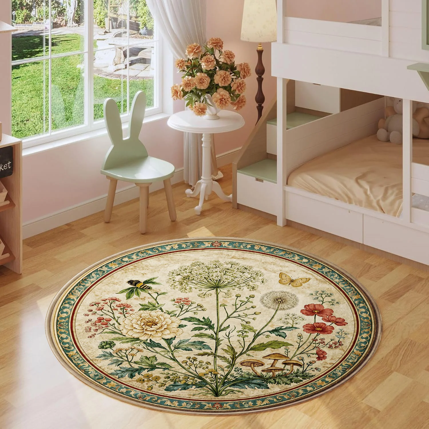 Wildflower Mushroom Dandelion Bee Butterfly Vintage Botanical Pattern Holiday Luxury Round Mat Area Rug Home Decor
