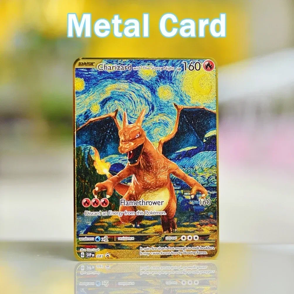 Pokemon Card Metal Pokémon Letters Van Gogh Gold Iron Cards Charizard Vmax Pikachu Gx Mewtwo Ex Vstar Anime Game Toys Kids Gifts