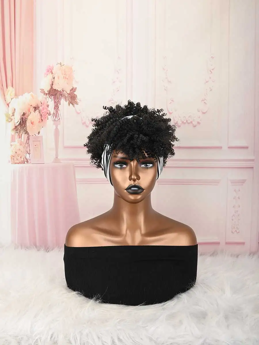Headband Wig Curly Headband Wig With Bangs For Women Synthetic Afro Curly Hair Wig With Headband Attached Short Kinky