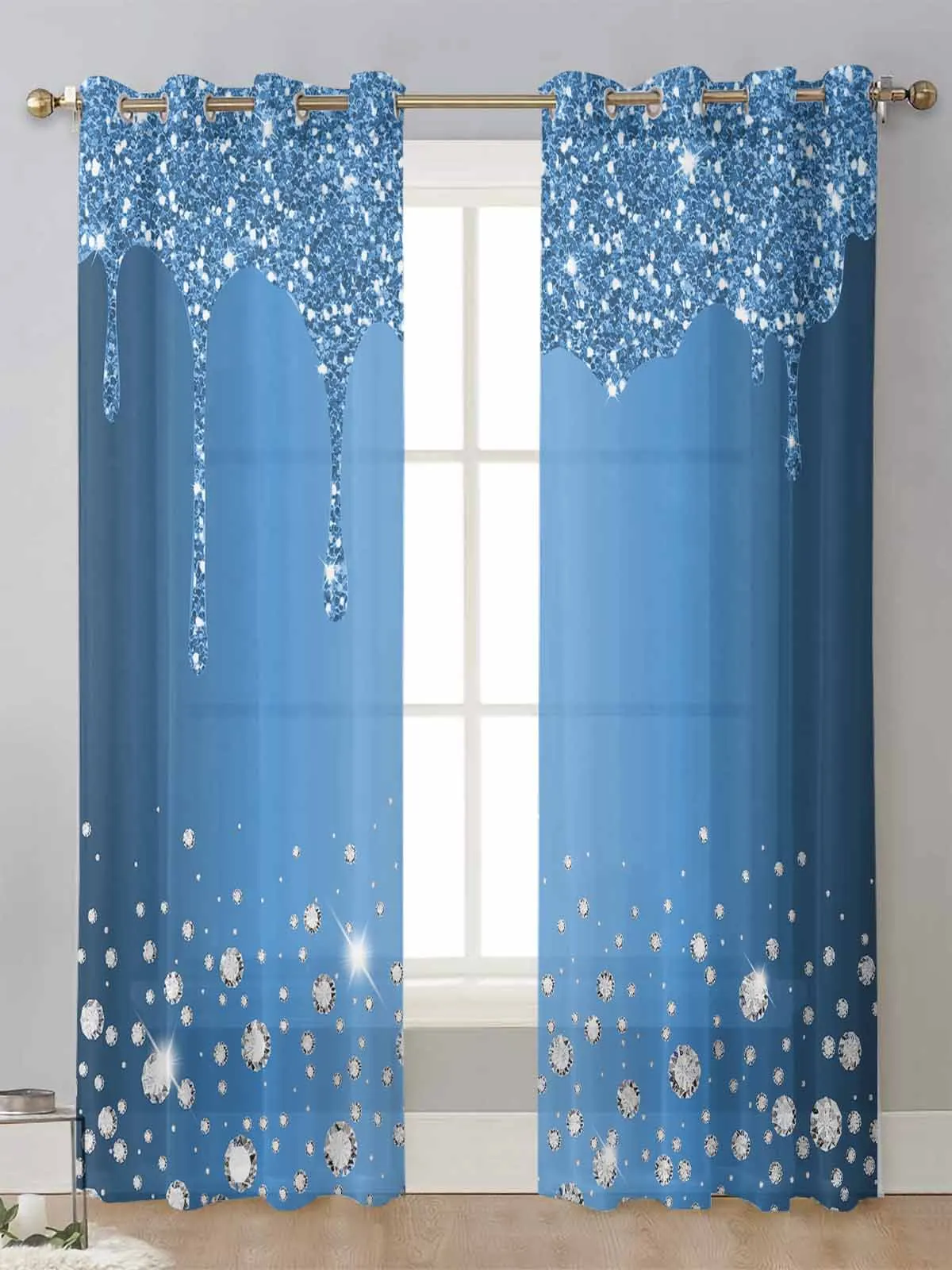 Blue Sparkling Diamond Droplet Texture Sheer Curtains For Living Room Window Voile Tulle Curtain Cortinas Drapes Home Decor