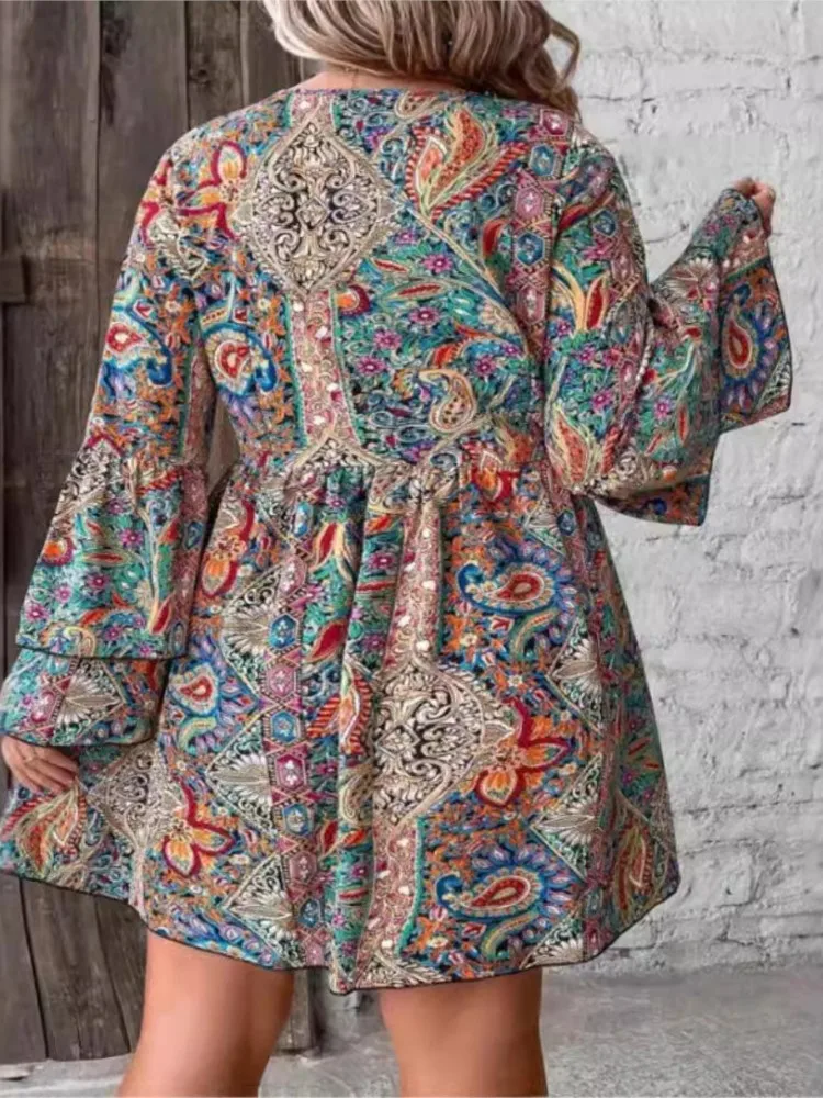 Minivestido con estampado geométrico para mujer, traje holgado plisado con volantes, manga larga, cuello en V, talla grande, otoño