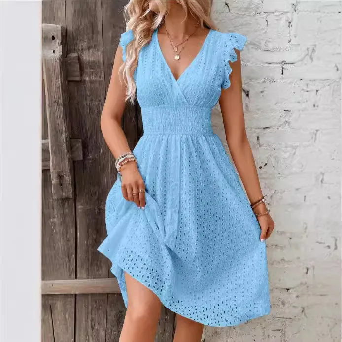 

Dress for Women Mid-length Embroidery Jacquard Hollow Thin V-neck Large Size Ladies Dresses Y2K Bodycon Sexy Dress