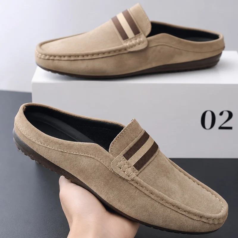 Men's Slippers Lightweight Casual Shoes Suede Half Support Slippers Mules Summer Outdoor Loafers Slip on Soft Sole Flats for Men