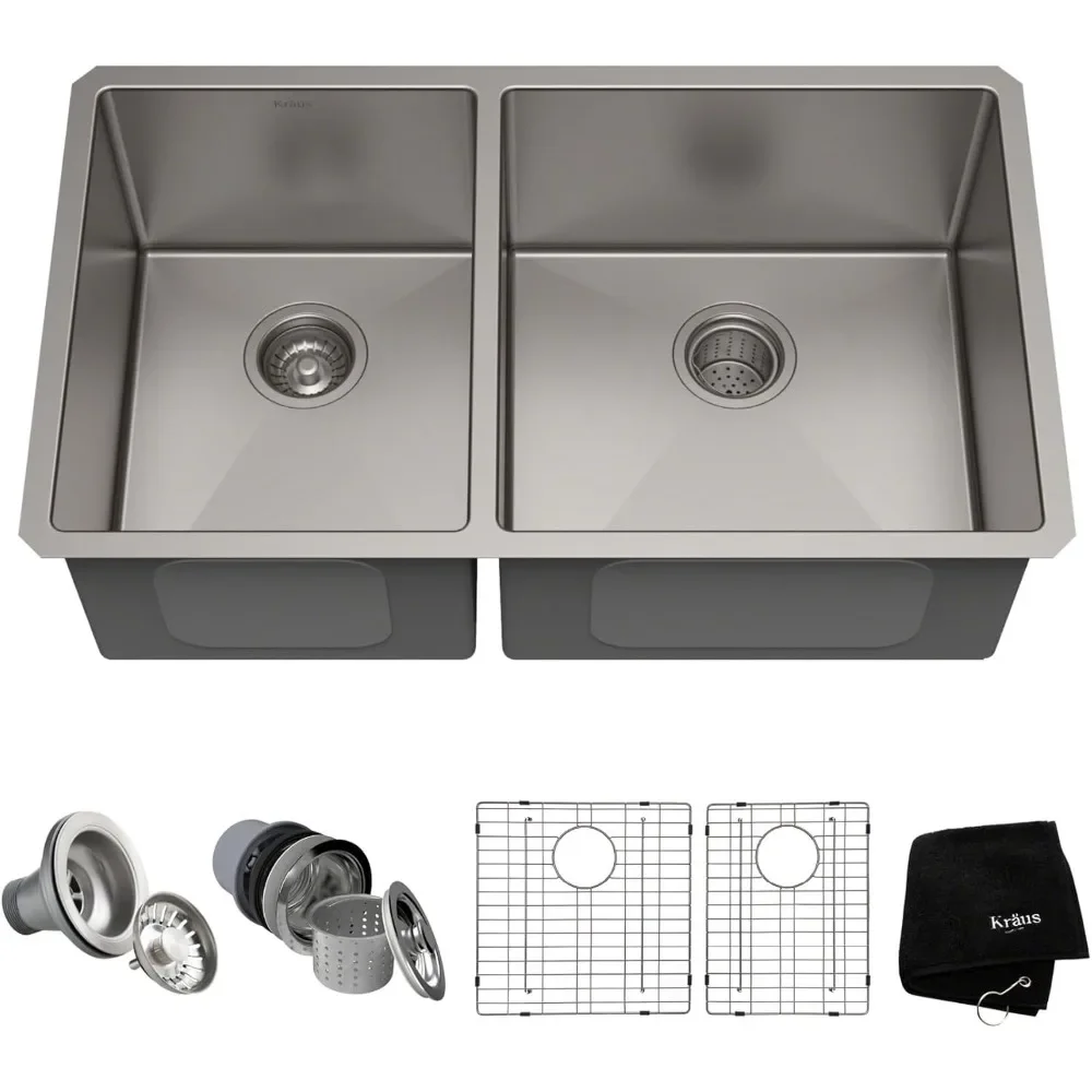 Standart PRO 33 بوصة 16 مقياس Undermount 60/40 وعاء مزدوج من الفولاذ المقاوم للصدأ، KHU104-33