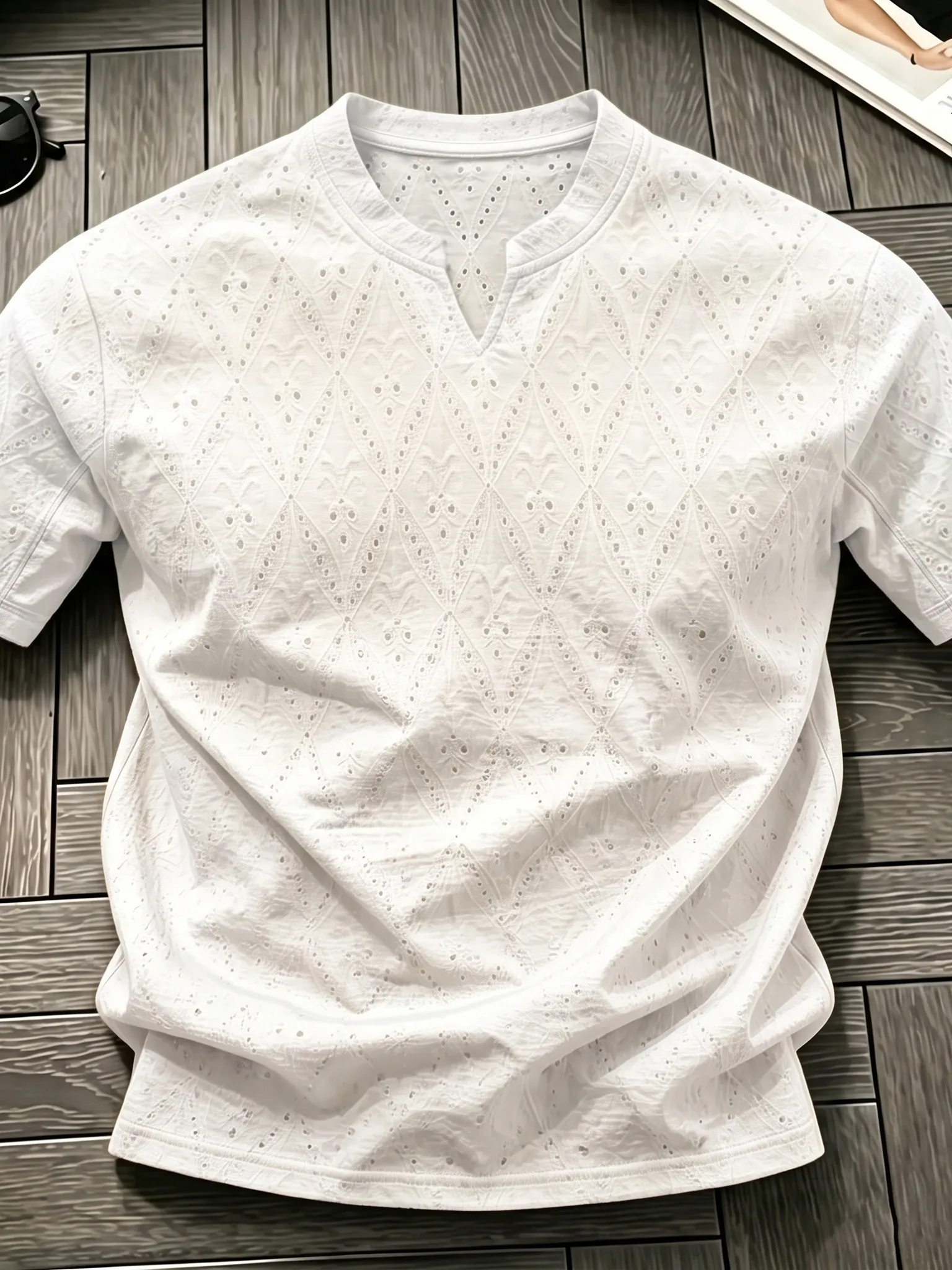 Dopamine Mesh Hollow V-neck Short Sleeve Men's T-shirt Breathable Quick-drying Summer Sport Half-sleeve Texture Sensation T-s...