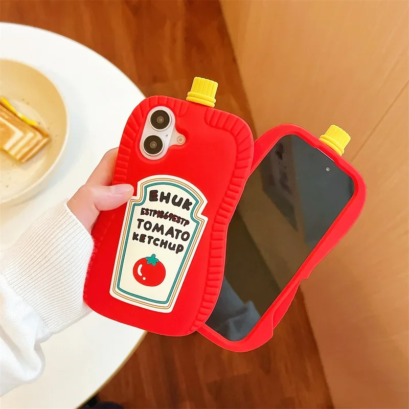 

3D Ketchup Pasta Sushi Seasoning Sauce Cartoon Phone Case Shockproof Protective Cover for iPhone 12 13 14 15 16 Pro Max Plus