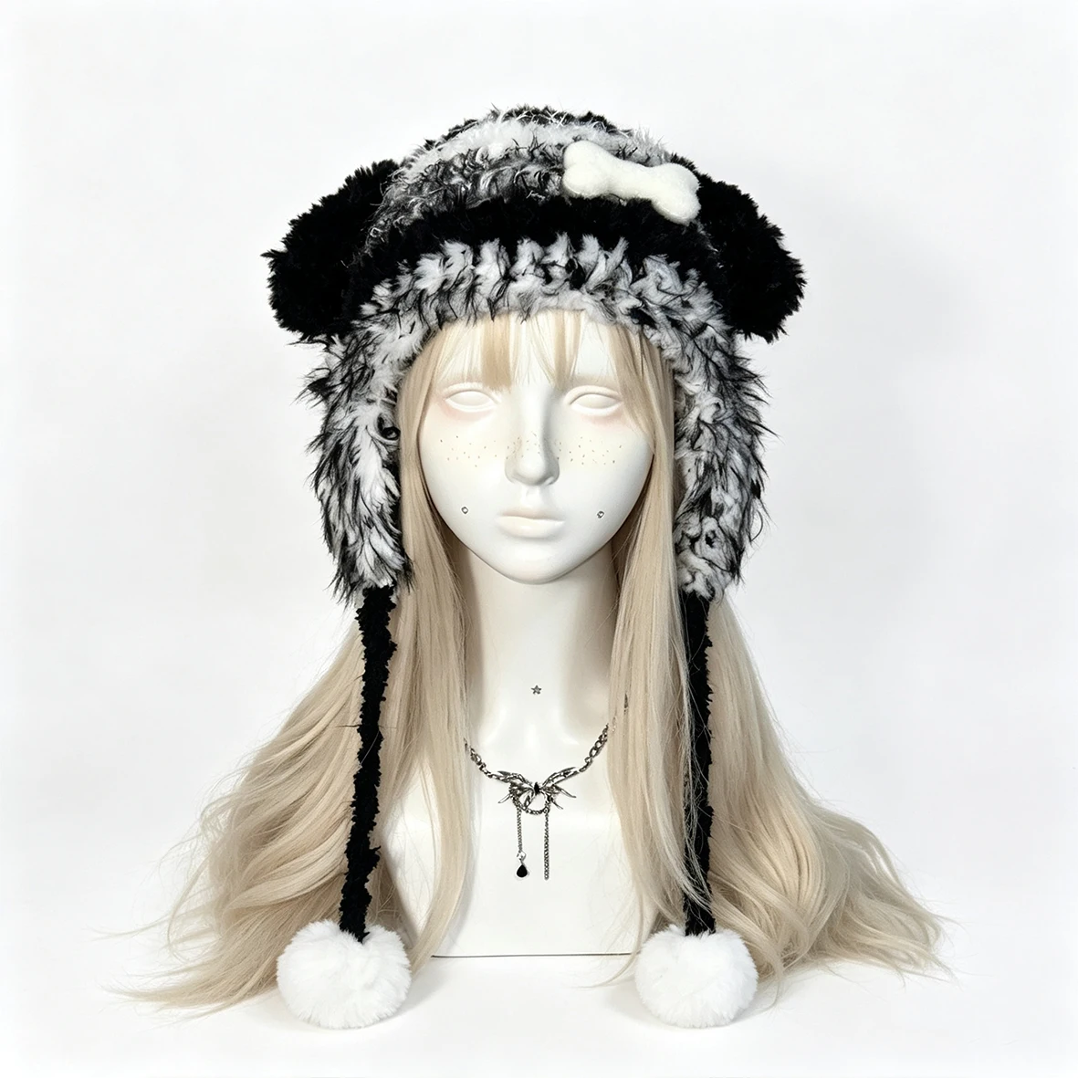 Custom Handmade Crochet Grey Puppy Ear Hat Women Soft Plush Bone Charm Knitted Beanie Men Kawaii Cosplay Winter Warm Earflap Hat