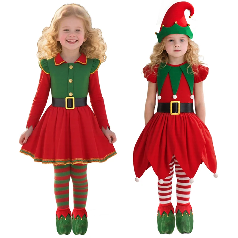 Conjunto de disfraz de elfo de Navidad para niñas, traje de Cosplay de elfo, vestido de terciopelo, sombrero de elfo, cinturón para las orejas, calcetines hasta la rodilla para fiesta de Navidad