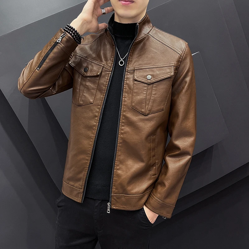 

New Youth Men's Punk Leather Jacket Men's Spliced Zipper Stand Up Collar Casual Jacket Fashion Motorcycle Biker PU Leather Coat