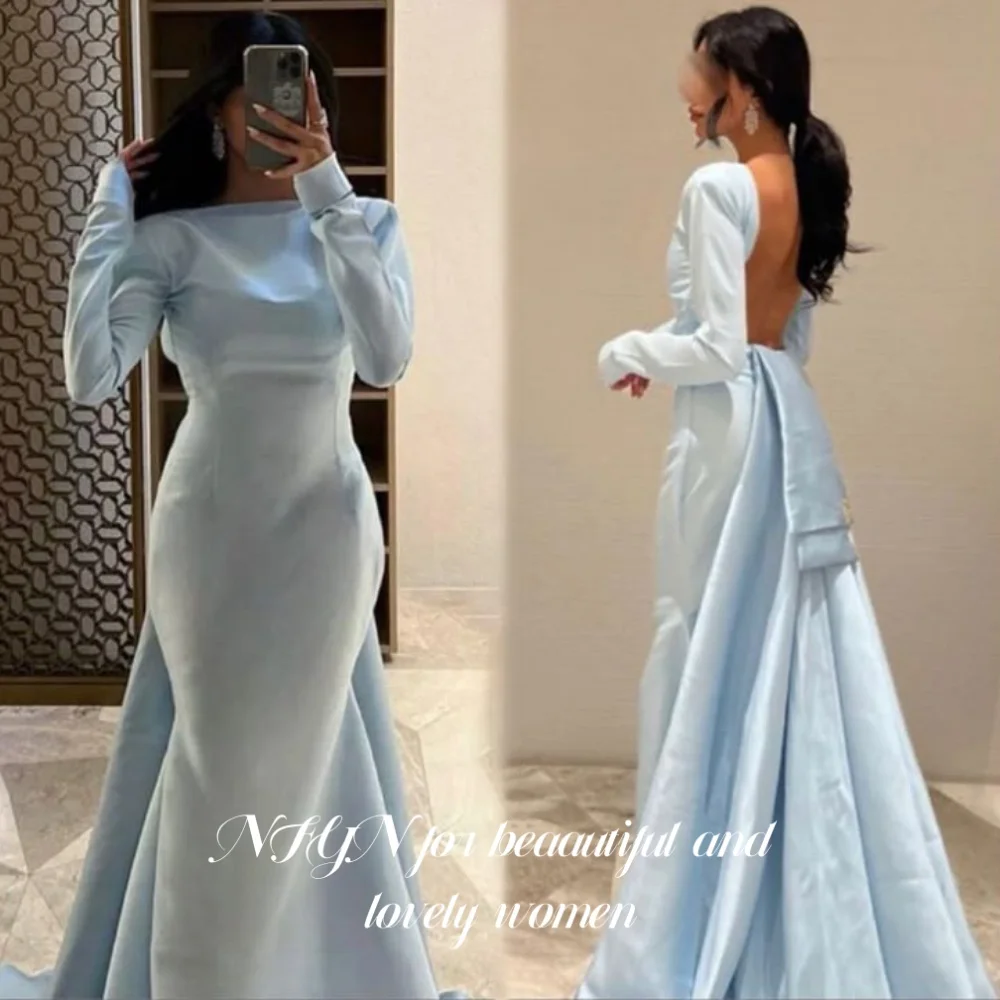 NFYN Sky Blue Elegant Prom Dress High-Neck Backless Prom Gown Satin Trailing Mermaid Evening Dresses for Woman 프롬 드레스 Customized