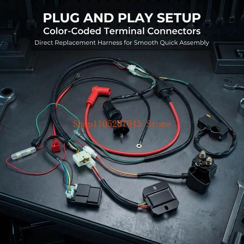 37cd Motorcycle Main Wire Harness and CDI Set with Color-Coded Leads, Multiple Plugs, and Partial Black Sleeving for the