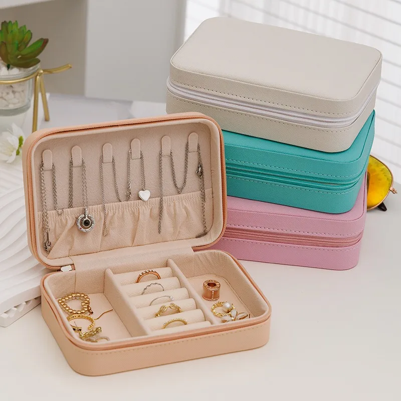 Fashion Women Portable Travel Jewelry Box PU Leather Necklace Ring Earrings Zipper Stotage Boxes Jewelry Display Cases Organizer