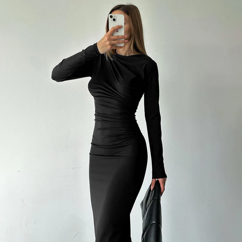 

Autumn New Dresses Women Streetwear Fashion Elegant Black Sexy Maxi Dress Folds Long Sleeves Female Casual Slim Knitted Dresses