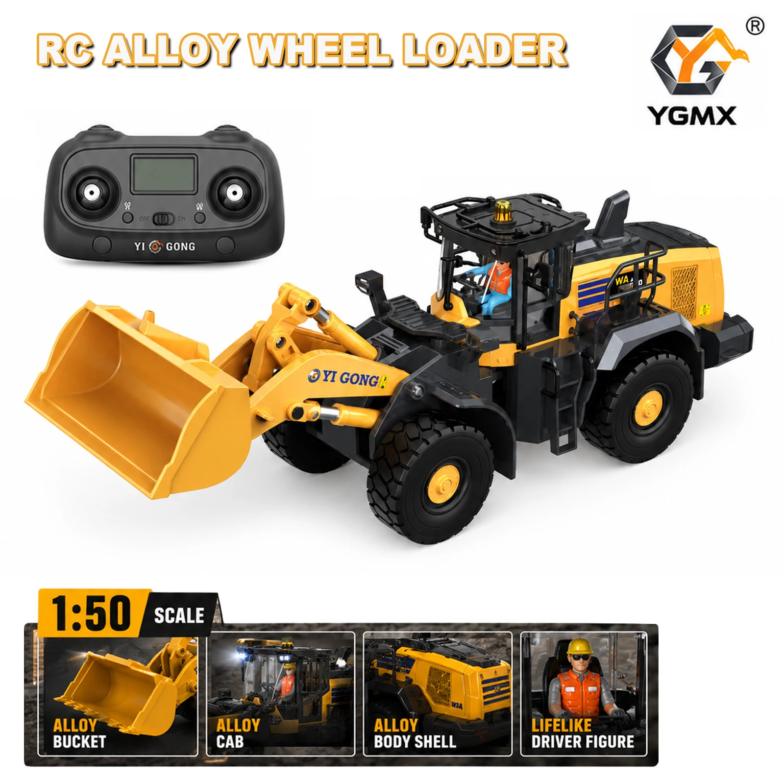 1/50 Scale YG475 RC Alloy Wheel Loader 2.4G Remote Control Bulldozer With LED Lights and Music Sound Engineering Vehicle Toys