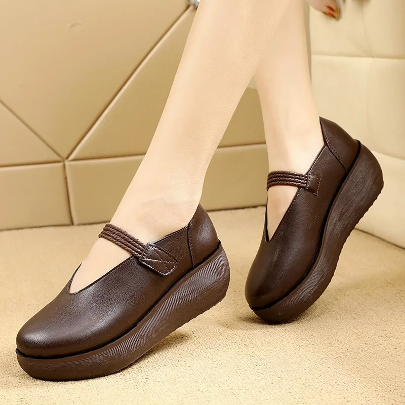 2024 New Autumn Handmade Retro Shoes Women PU Leather Shoes Lady Muffin Platform Soft Comfortable Mother Flat Shoes Black Brown