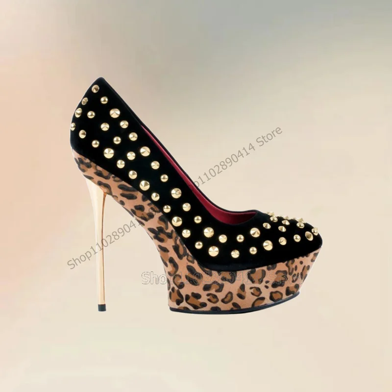 

Gold Rivets Metal Heel Leopard Print Platform Pumps Slip On Women Shoes Thin High Heels Fashion Party 2023 Zapatos Para Mujere