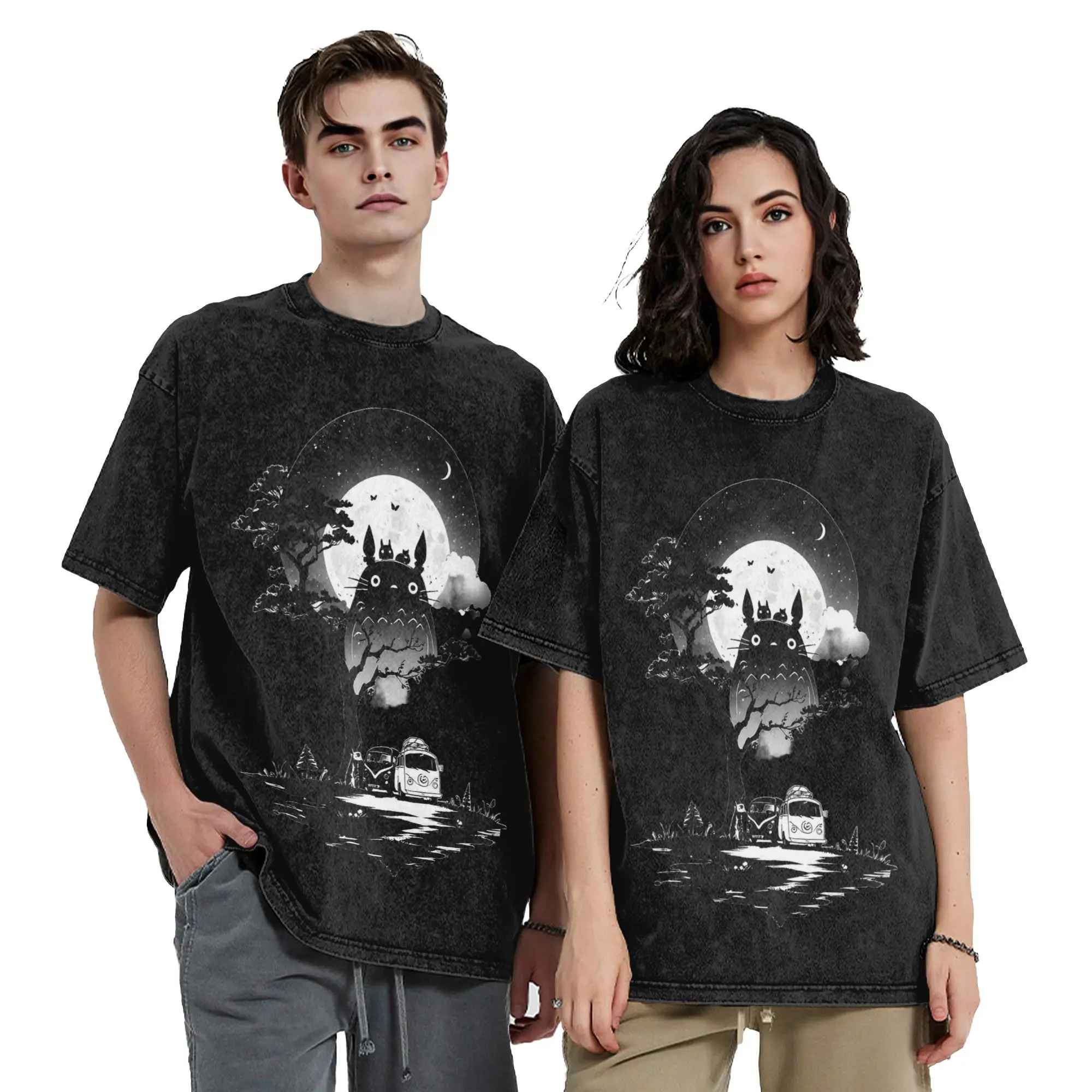 Gewaschene T-Shirts Anime Totoro-Miyazaki And The Moon T-Shirt Street Streetwear Kurzarm-Sommer-T-Shirts für Männer und Frauen